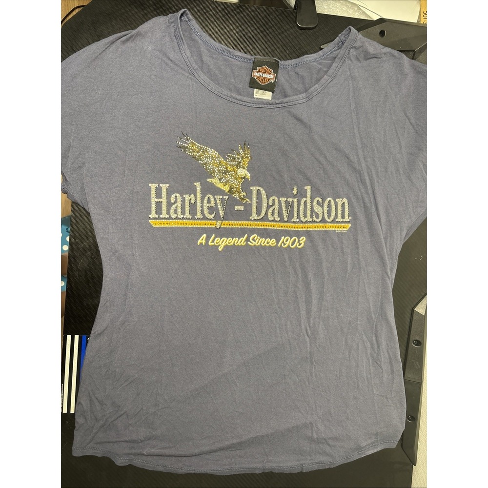 Vintage Harley Davidson Womens L Sequin Eagle T Shirt Blue